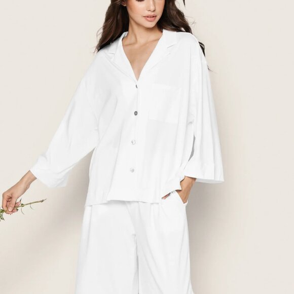 Petite Plume Olivia Wide Leg Pima Pajama Set in White Size Small - Picture 2 of 7